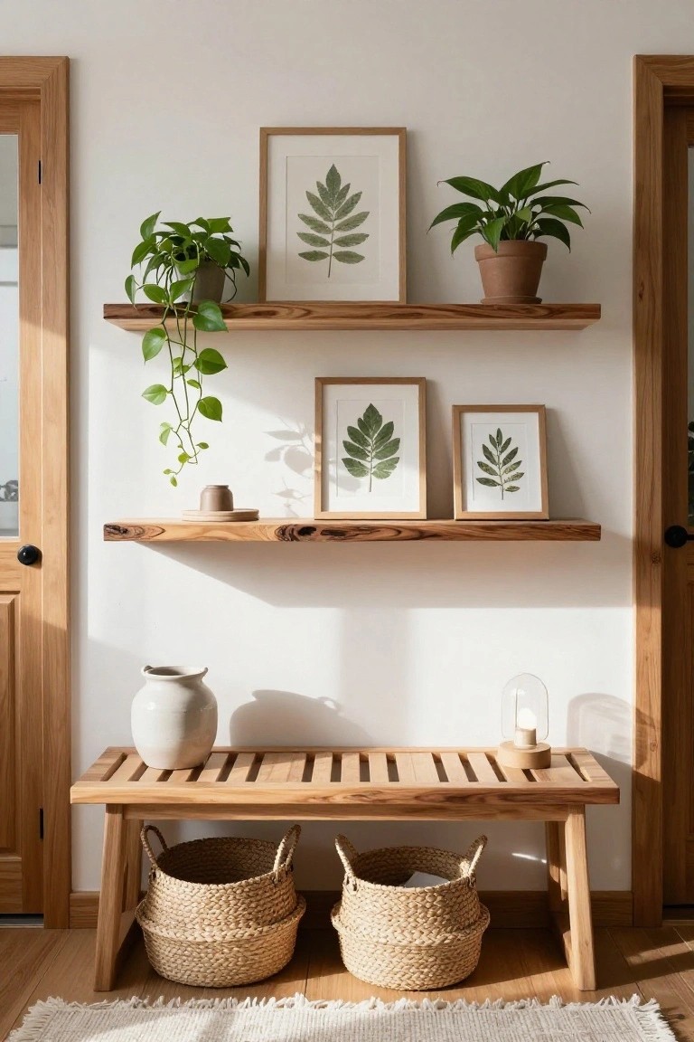 A white interior wall with two wooden floating shelves holding potted plants and framed botanical prints, a wooden bench with two woven baskets underneath, positioned between two doorways.