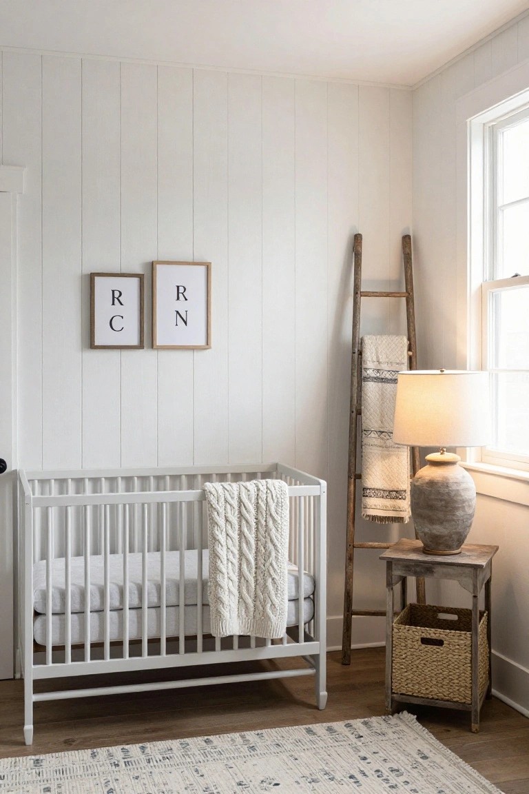 White crib with knit blanket in bright nursery with wooden ladder, lamp, and framed initials.