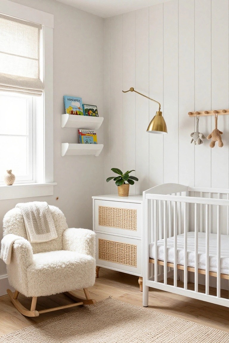 A bright nursery corner with a white crib, a dresser with two rattan-front drawers, a white rocking chair with a throw, floating shelves holding children's books, and a brass wall lamp on white vertical paneling.