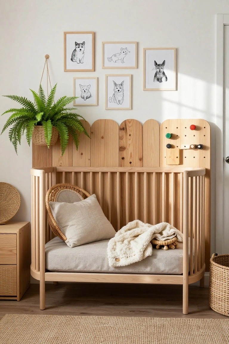 A light wood crib sits against a scalloped wood accent wall in a nursery, with framed animal prints above and a hanging fern to the side.