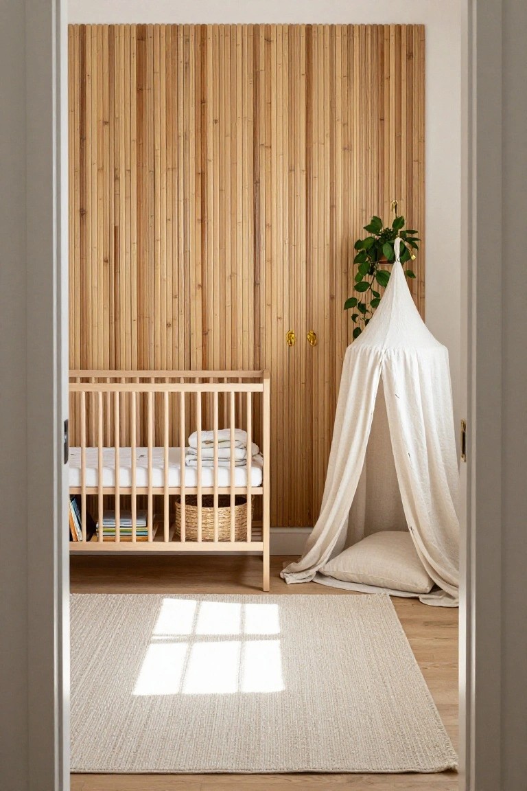 A nursery with a vertical wood slat accent wall behind a light wood crib, white canopy, and woven rug on the floor.