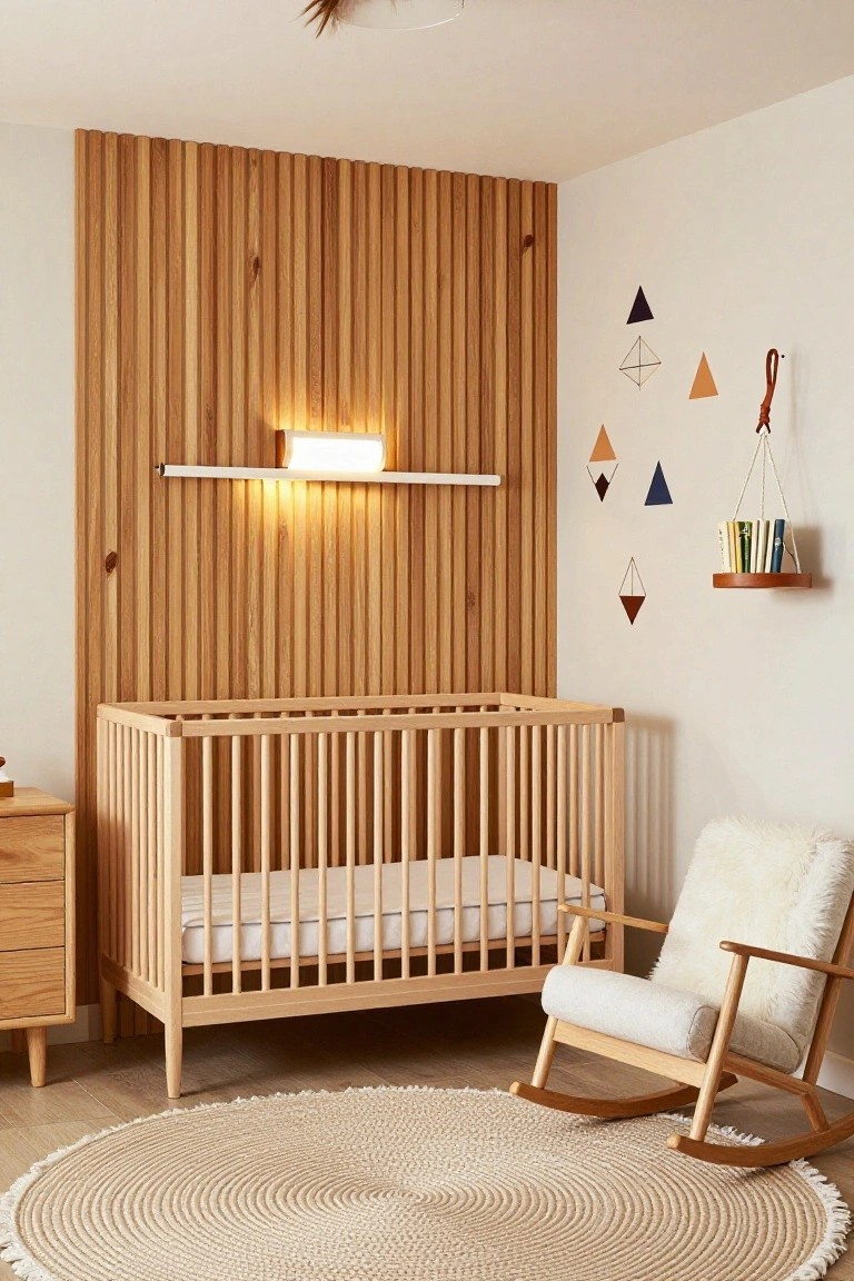 A nursery featuring a vertical wood slat accent wall behind a light wood crib, with a rocking chair, woven rug, and small wall decorations.