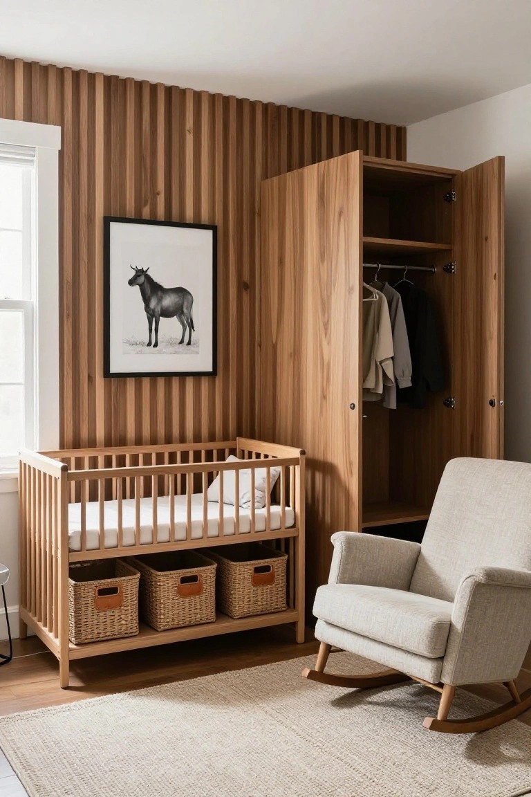 A nursery with a vertical wood slat accent wall behind a light wood crib, an open wood wardrobe, a rocking chair, and a framed horse print on the wall.