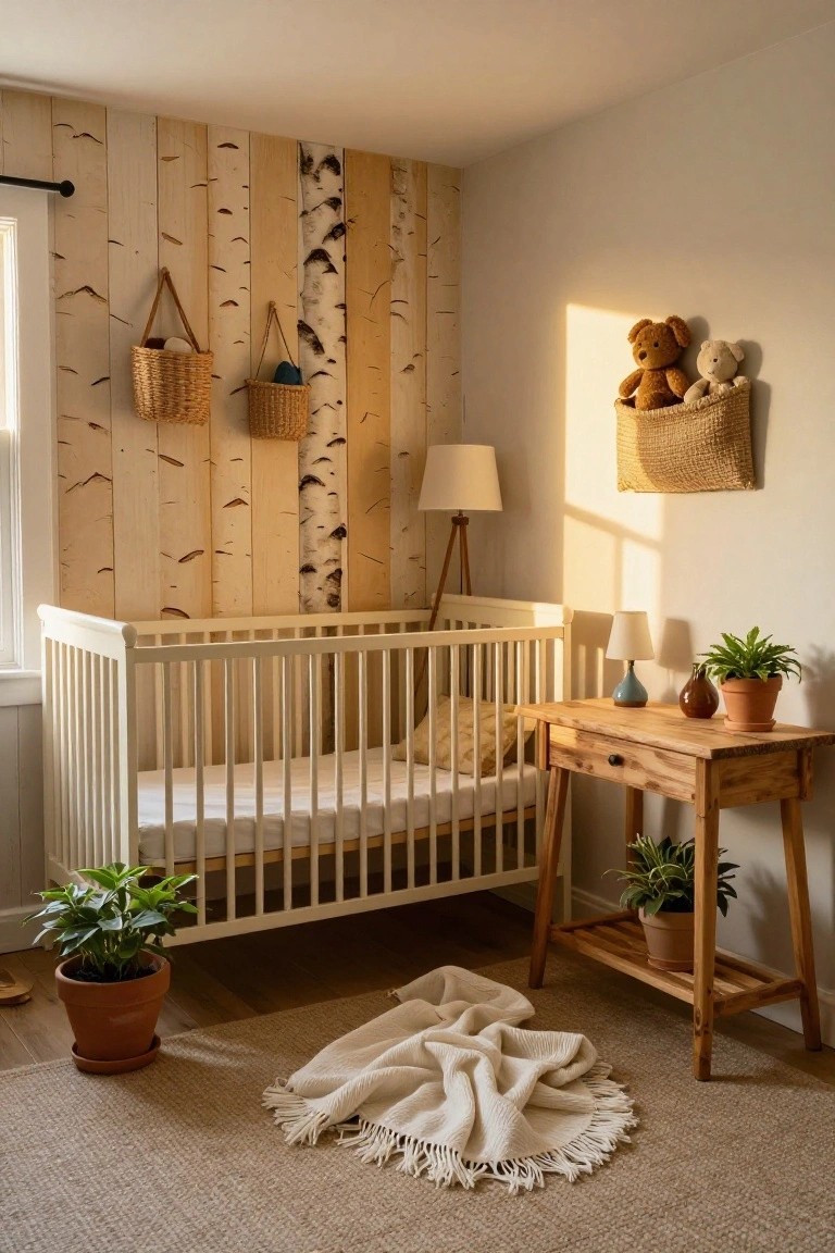 A nursery room with a white crib placed against a vertical wood plank accent wall, a wooden side table, and several potted plants on the floor.