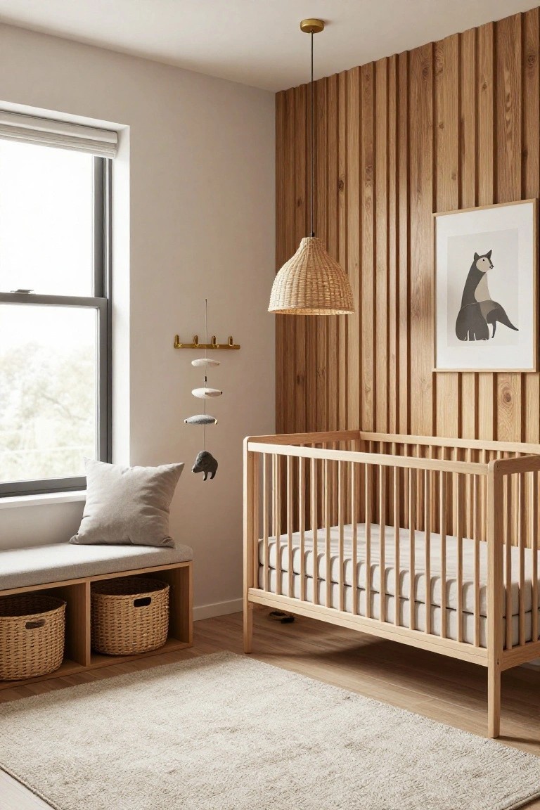 A nursery interior with a vertical light wood slat accent wall behind a wooden crib, a woven pendant light, and a window seat with storage baskets.