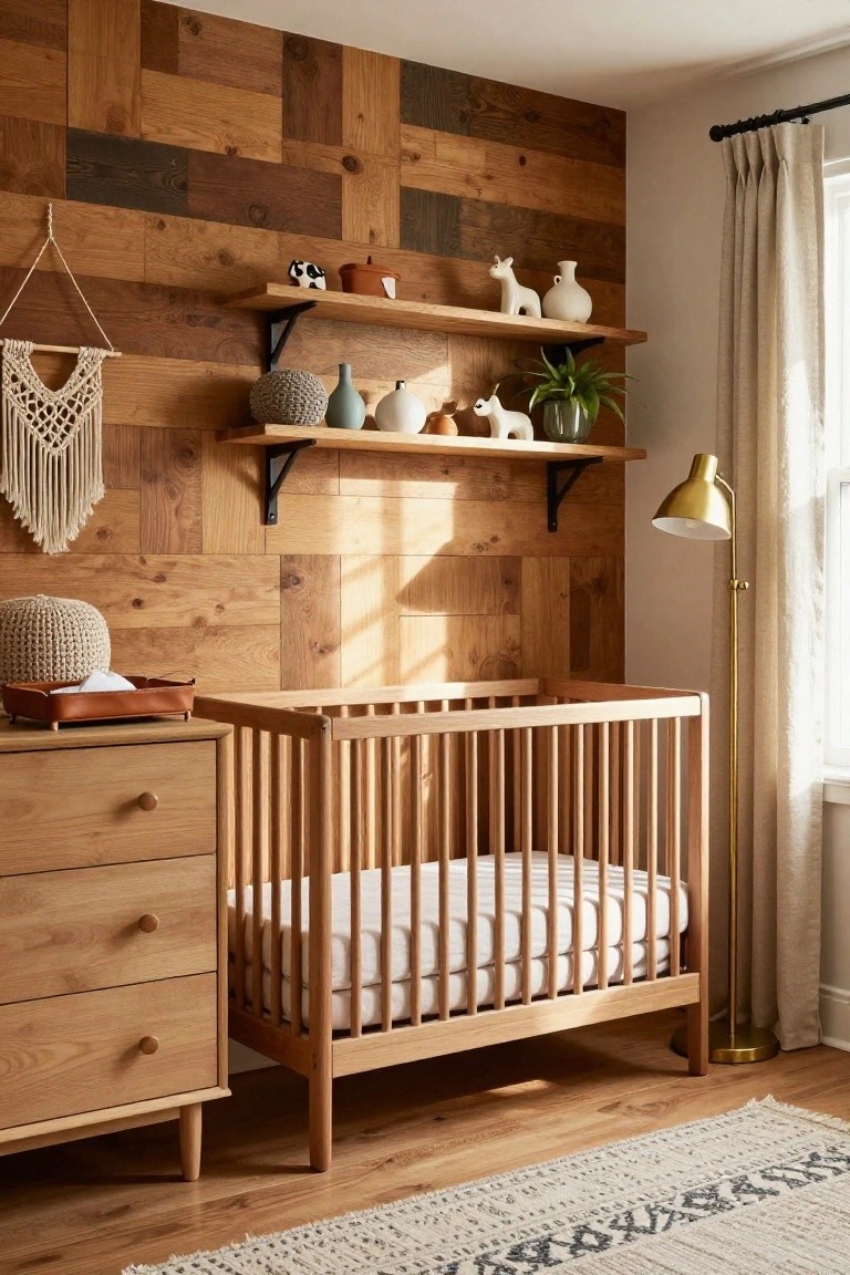 A nursery room with a mixed wood plank accent wall, a wooden crib, floating shelves, and a wooden dresser.