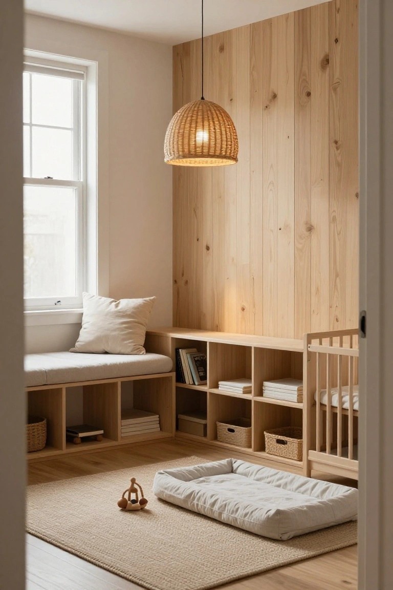 Cozy wooden nursery with woven pendant lamp, built-in shelves, window seat, crib, and floor cushion