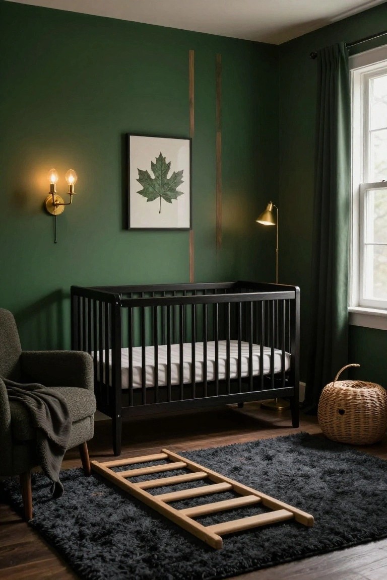 A nursery interior with a dark green wall accented by vertical wood strips, a black crib on a dark rug, and a framed leaf print above the crib.