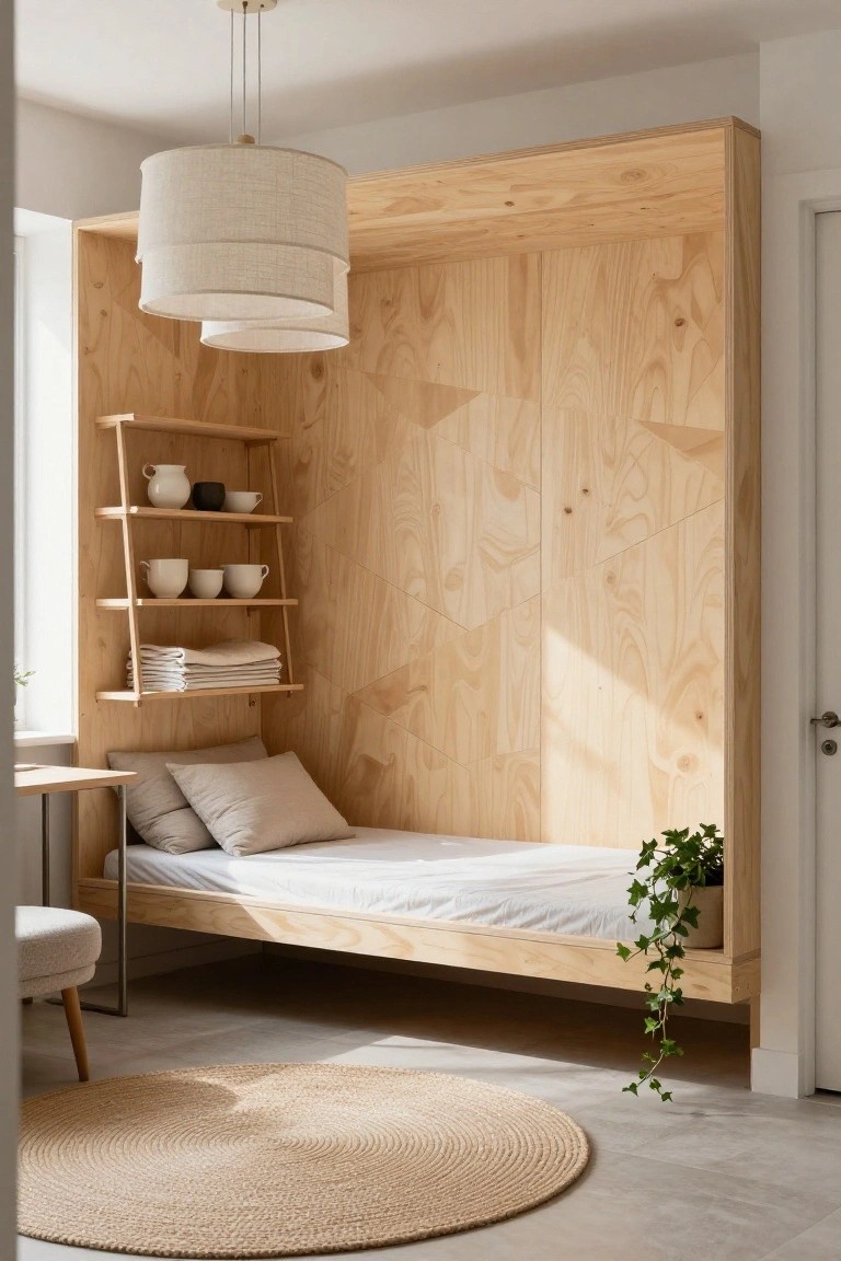 A light wood built-in bed alcove with side shelves, a hanging light, and a plant in a modern bedroom.