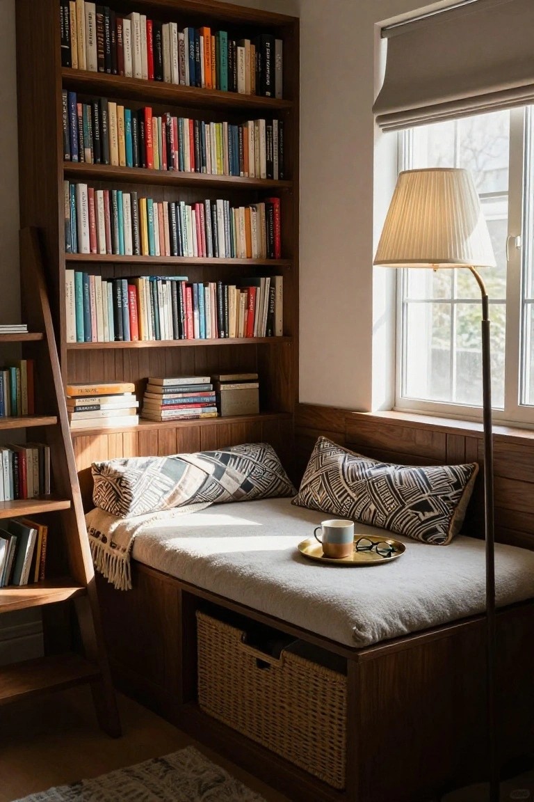 A wooden built-in bookshelf unit with a cushioned bench seat beneath a window, holding books and two patterned pillows.