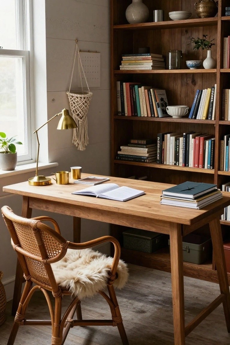 Wooden desk with brass lamp, open book, rattan chair, and filled bookshelf.