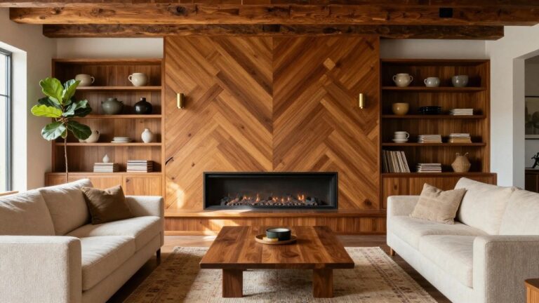 A living room featuring a tall herringbone wood accent wall with a centered black fireplace insert, built-in shelves to the left, and light-colored sofas in the foreground.