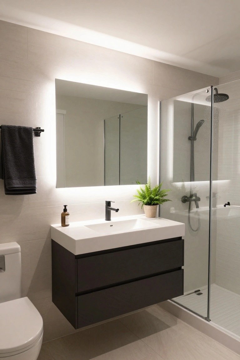 A modern bathroom featuring a floating dark wood vanity with two drawers, a white rectangular sink, a backlit mirror, and a glass shower enclosure to the right.