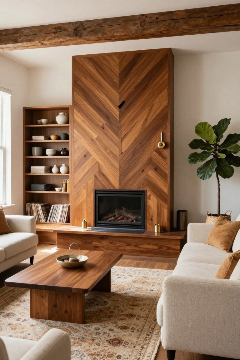 A living room featuring a tall herringbone wood accent wall with a centered black fireplace insert, built-in shelves to the left, and light-colored sofas in the foreground.