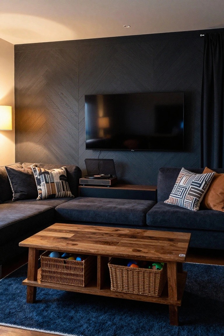 A living room featuring a dark herringbone wood accent wall with a wall-mounted television above a low media console, a blue sectional sofa, and a wooden coffee table on a blue rug.