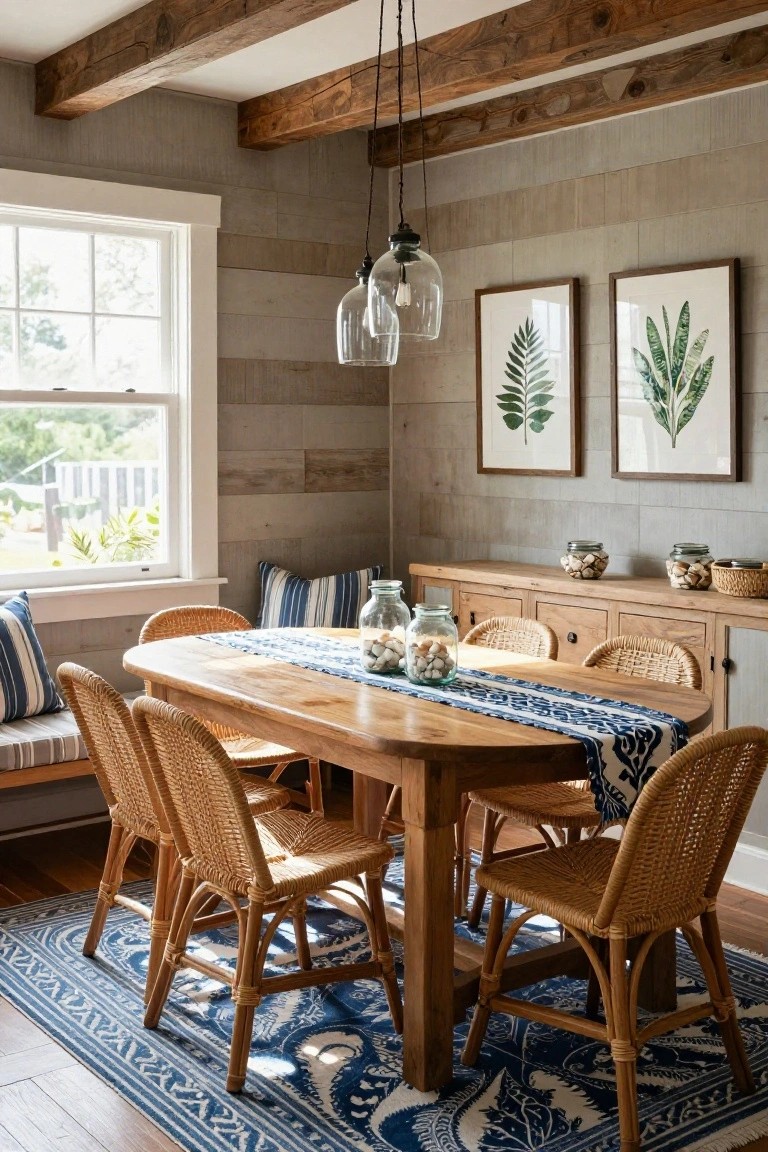 A dining room featuring a horizontal wood plank accent wall behind a wooden table with woven chairs and two framed botanical prints.