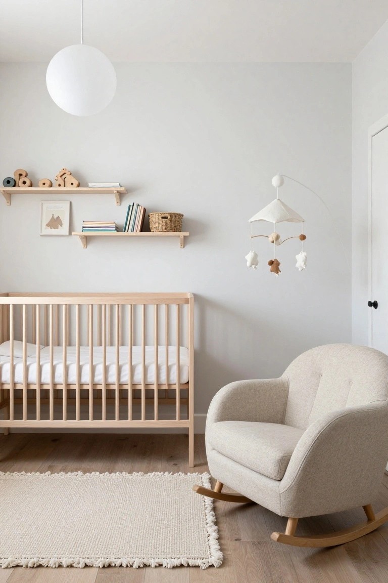 A bright nursery with a light wood crib, matching rocking chair, floating wood shelves, and a fabric mobile against plain white walls.