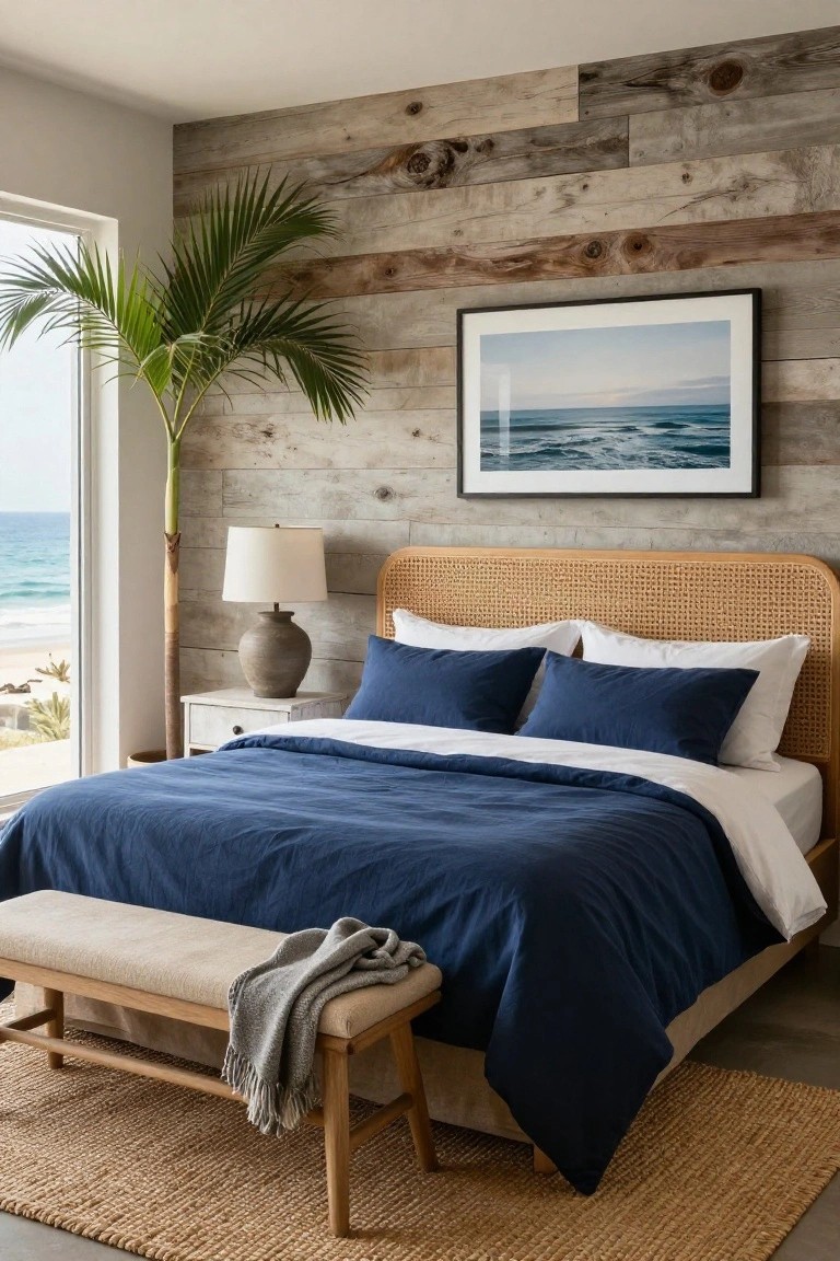 Coastal bedroom with navy bedding, rattan headboard, ocean art, palm plant, and bench.