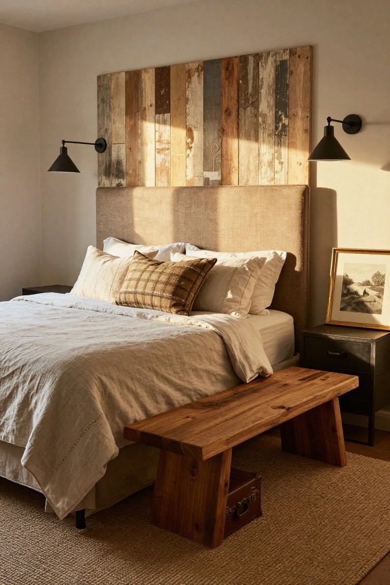 A bedroom featuring a tall upholstered headboard centered beneath a large multicolored reclaimed wood accent wall, with black wall sconces on either side.