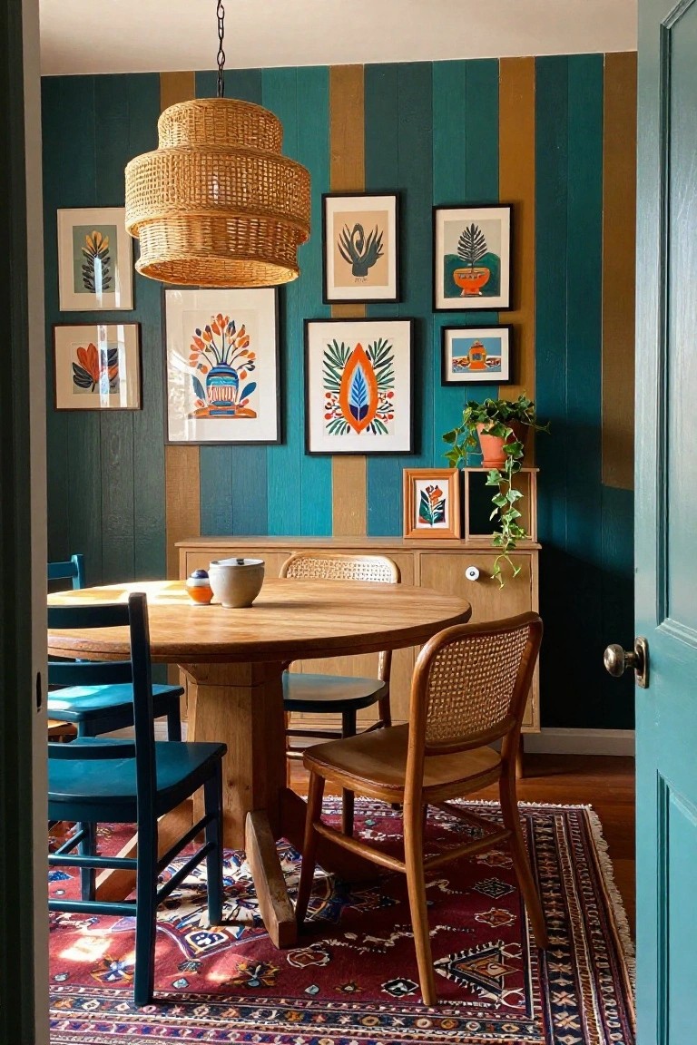 A dining room with a round wooden table, mixed chairs, a woven pendant light, and a vertical wood accent wall painted in teal, mustard, and dark green stripes, hung with framed art.