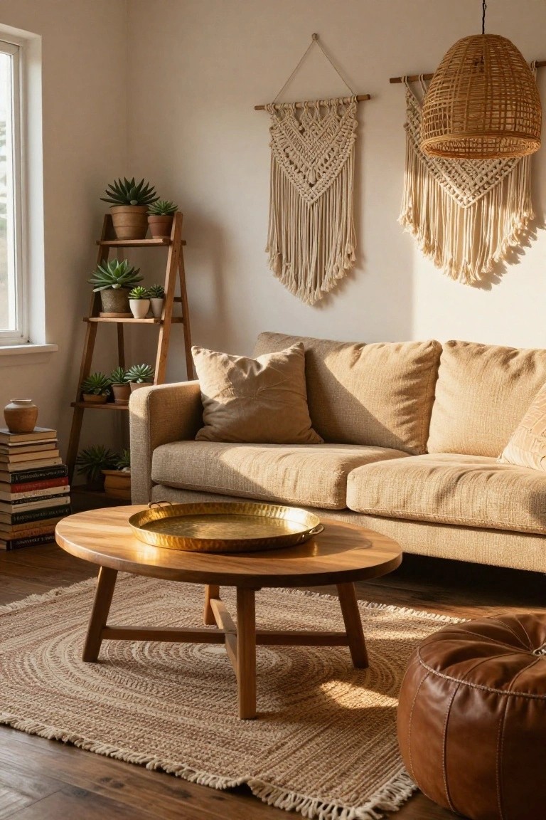 Cozy bohemian living room with beige sofa, round wooden table, macrame hangings, and plants.