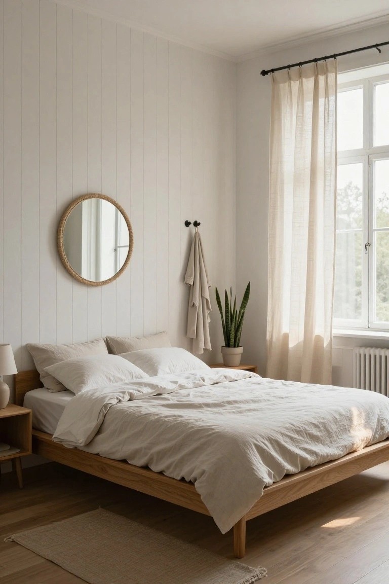 A bedroom featuring a low wooden bed with white bedding against a wall covered in white vertical wood paneling.