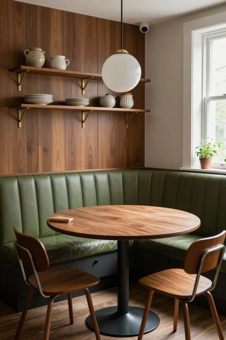 A round wooden dining table sits in front of a green banquette against a vertical wood accent wall with two floating shelves holding dishes and pottery.