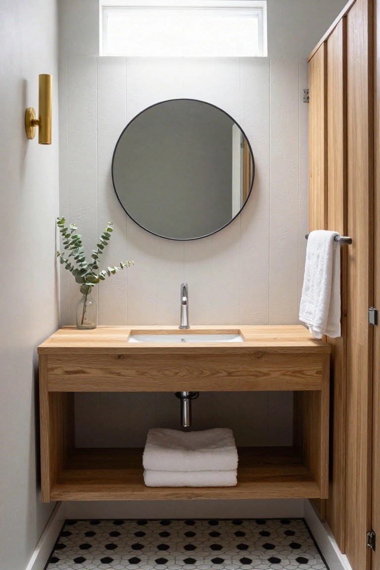 A bathroom with white vertical wood panel walls, a round mirror above a light wood floating vanity, and black and white hexagonal floor tiles.