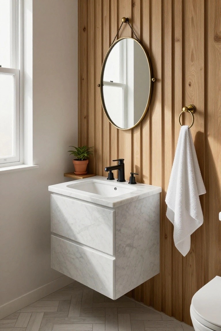 A modern bathroom with a floating white marble vanity, black faucet, round brass mirror, and vertical wood slat accent wall.