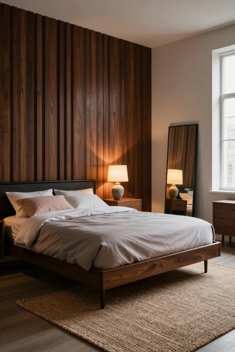 Modern bedroom with dark wood bed, light gray bedding, vertical wood wall and woven rug