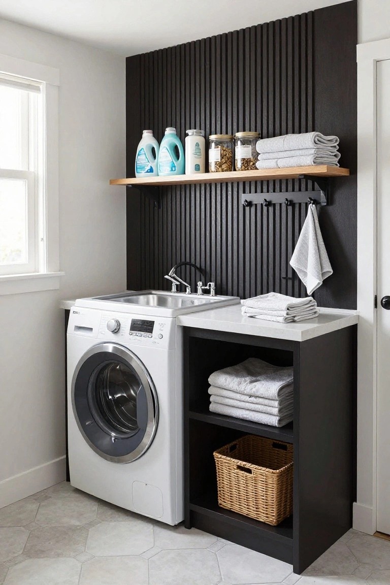 A laundry room featuring a white front-loading washing machine, stainless steel sink, and dark vertical wood slat accent wall with a floating shelf and storage cubbies.