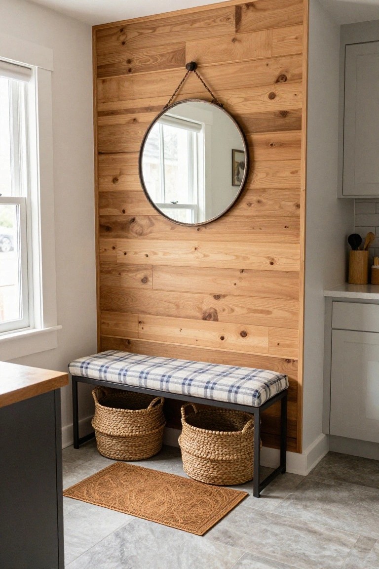 A light wood plank accent wall with a round mirror hanging from a chain above a cushioned bench that has two woven baskets stored underneath on a gray tile floor.
