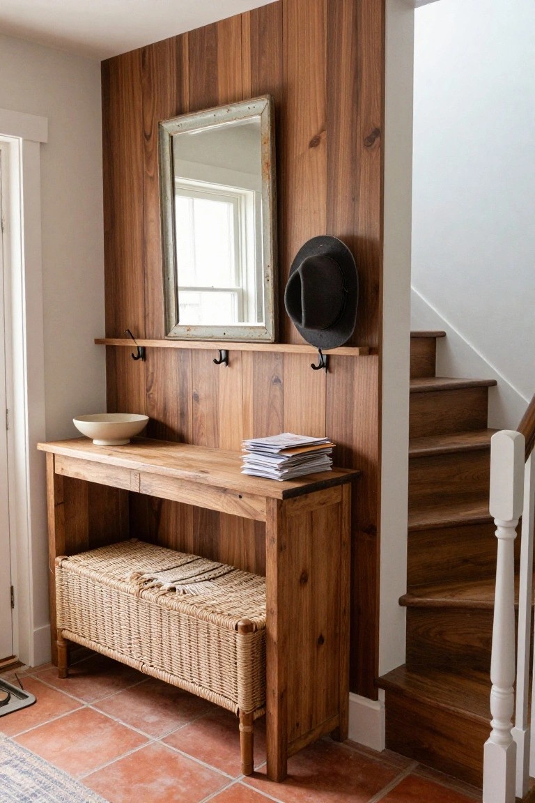 A vertical wood accent wall with a mounted mirror, shelf, and hooks above a wooden console table and woven bench beside a staircase.