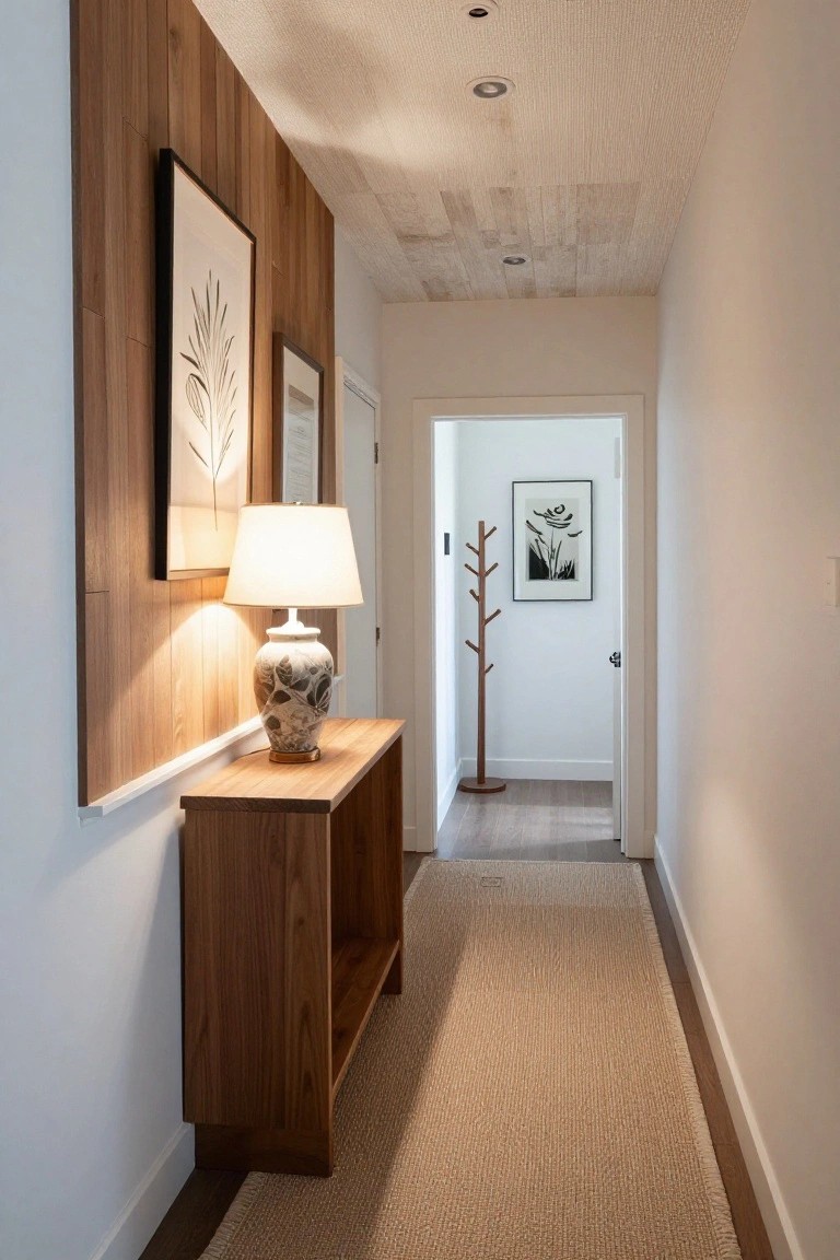 Narrow hallway with wooden console table, lit lamp, framed art, and woven runner rug.