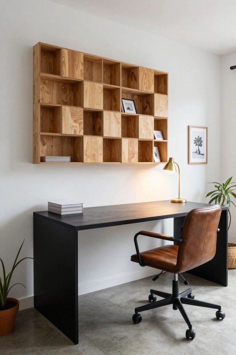A light wood grid of open cubbies mounted on a white wall above a black desk with a brown office chair.