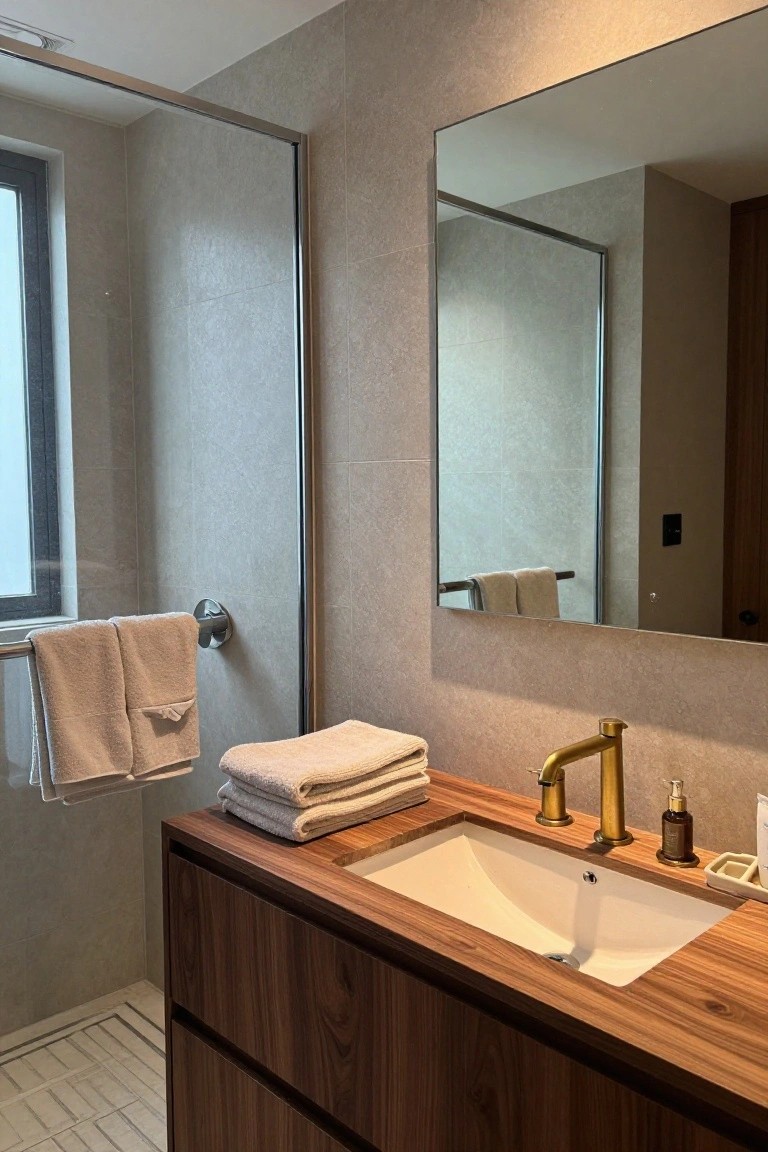 A modern bathroom features a wood vanity with a white undermount sink, gold faucet, and large mirror above, next to a glass shower enclosure.