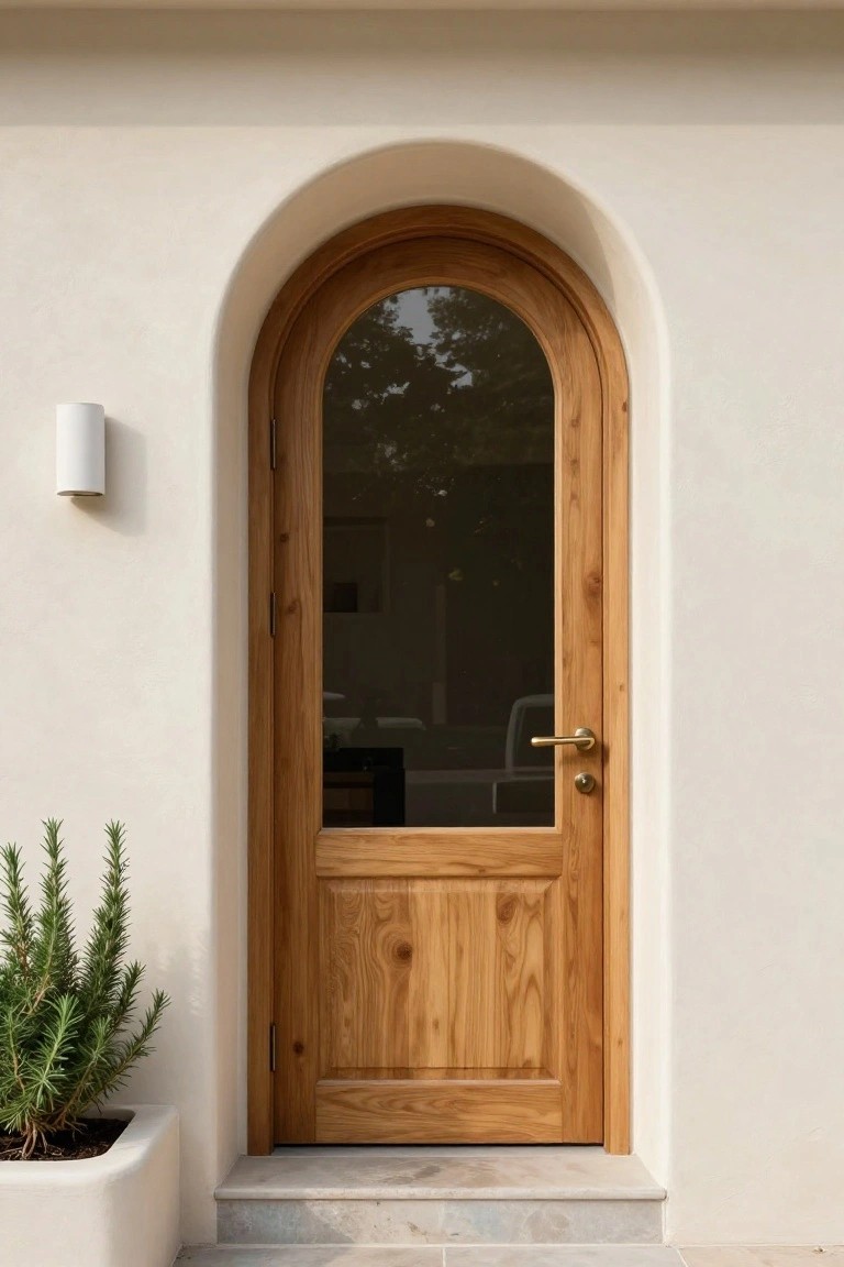 A light wood arched door with an upper glass panel set into a white stucco exterior wall beside a small potted plant.