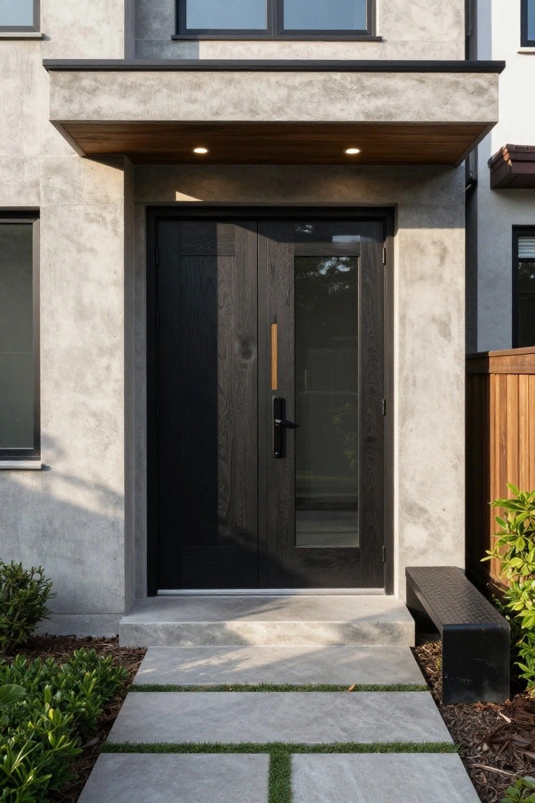 Modern entrance with dark wooden double doors, glass panel, and concrete steps