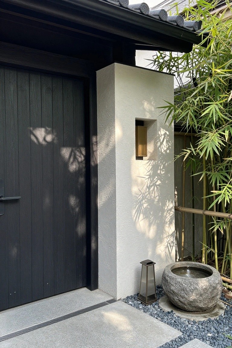 Dark wooden door beside white wall with bamboo shadows, stone basin and lantern