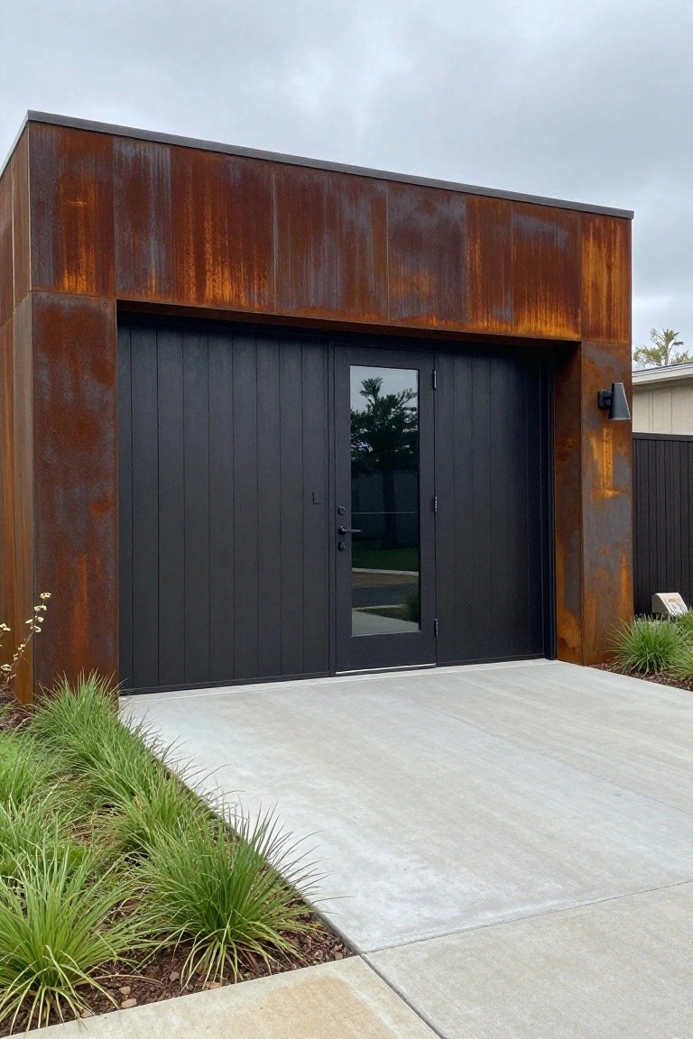 Modern home entrance featuring black vertical panel wooden doors with a small glass insert, set into a rusted metal building facade above a concrete driveway.