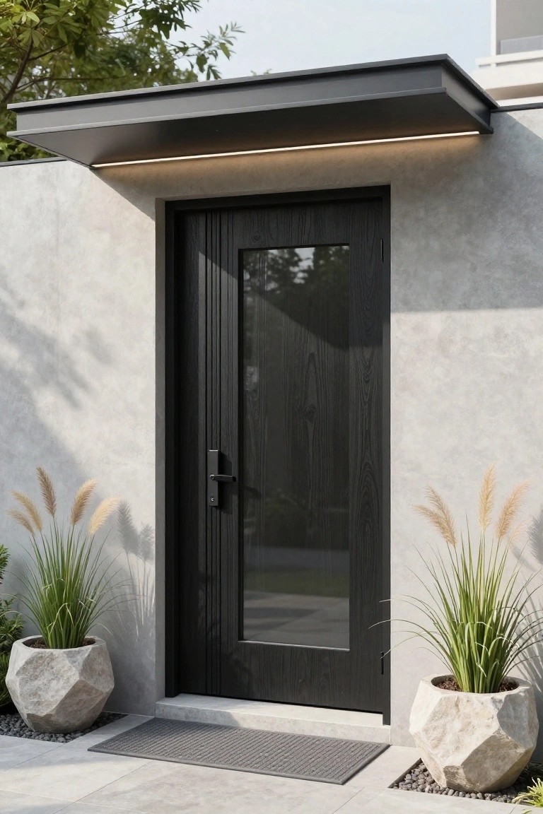 A dark wooden front door with a tall vertical glass panel under a flat metal canopy with integrated lighting, set in a light gray stucco wall and flanked by two stone planters holding tall ornamental grasses.