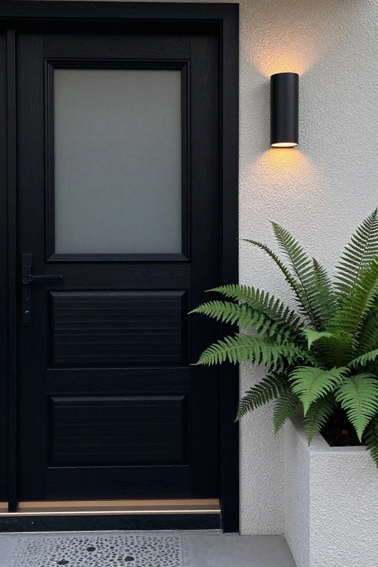 Black door with frosted glass, lit black sconce, and green fern plant