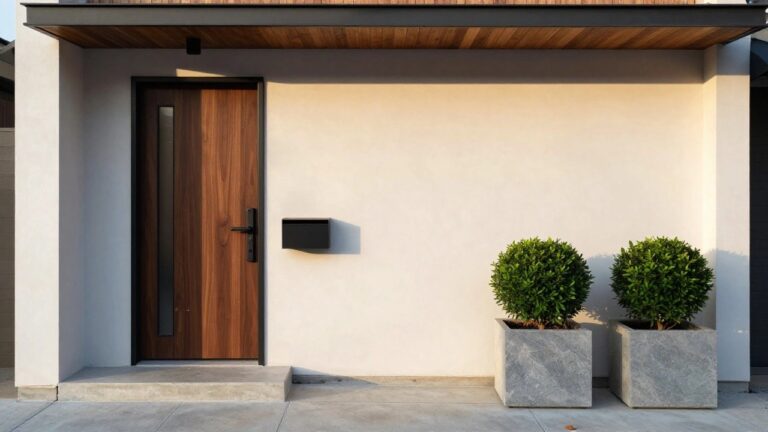 23 Elegant Main Entrance Wooden Door Designs in Contemporary Styles A modern wooden front door featuring a narrow vertical glass panel in a black frame, set into a light stucco wall with concrete steps and a potted shrub to the right.