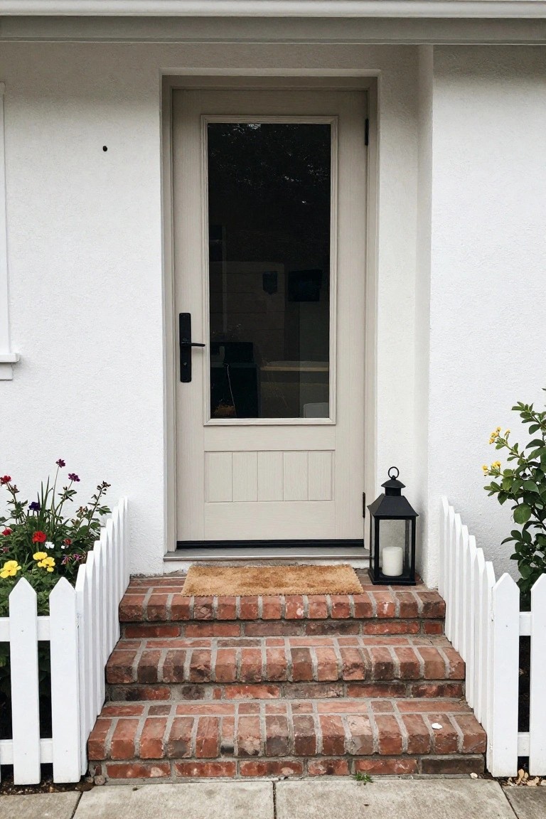 A light-colored wooden front door with a tall glass panel, set above brick steps flanked by white picket fencing and small plants.