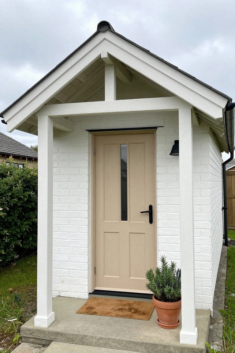A light wood front door with a narrow vertical window set in a white brick porch with columns and a gabled roof.