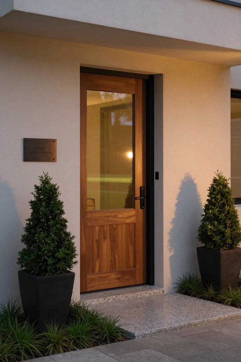 A modern wooden front door with a tall glass panel stands open in a light stucco wall, flanked by two potted shrubs on a stone step.