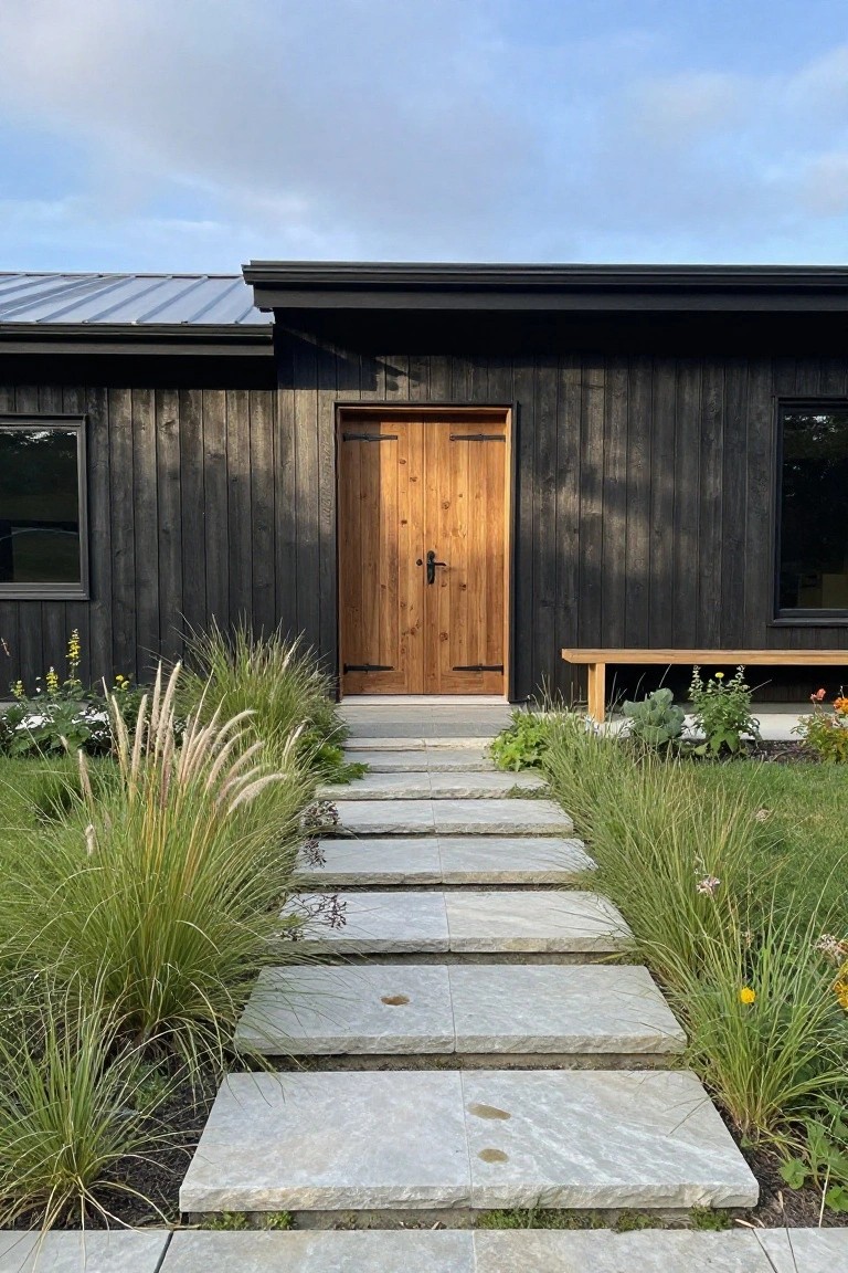 Dark wooden house with double doors, stone path, bench, and tall grasses.