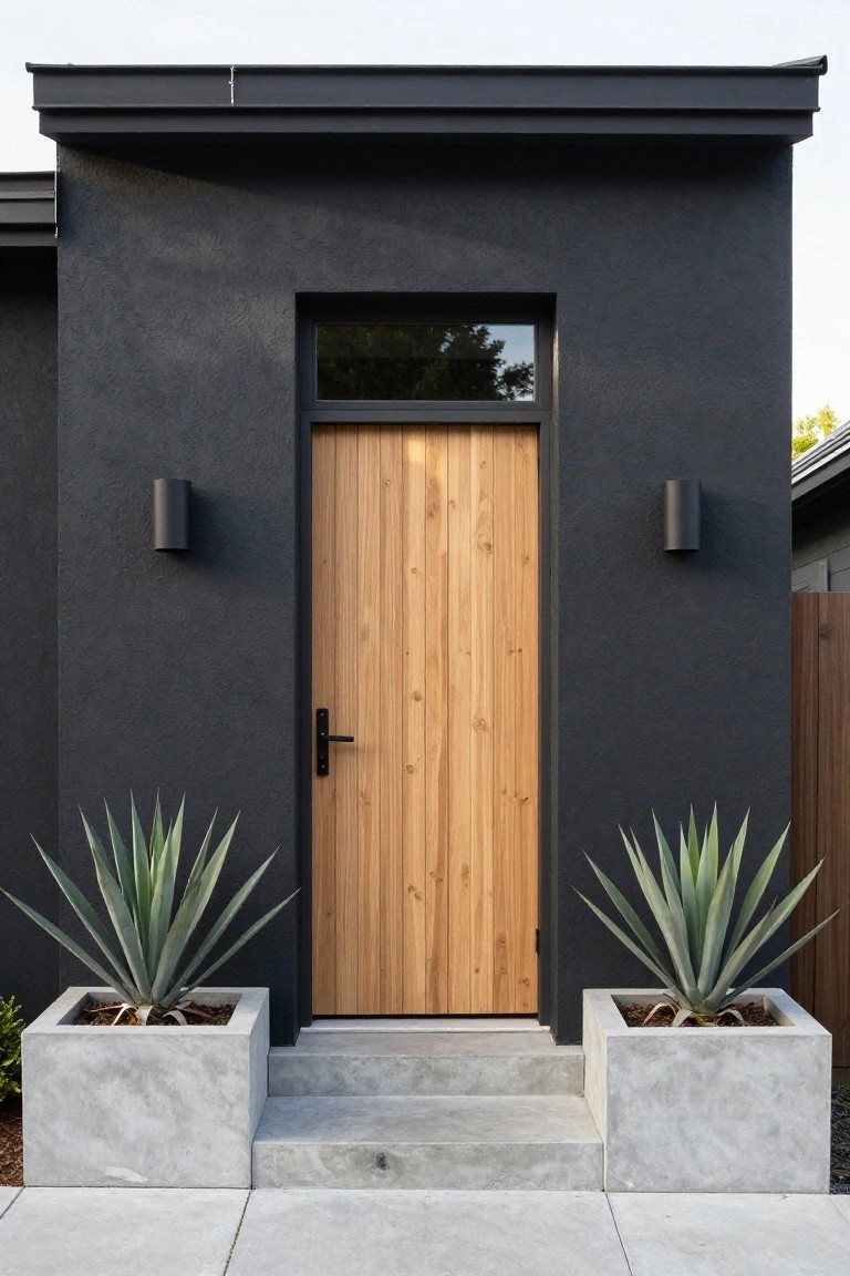 Modern dark gray entry with light wood door flanked by agave plants in concrete planters.