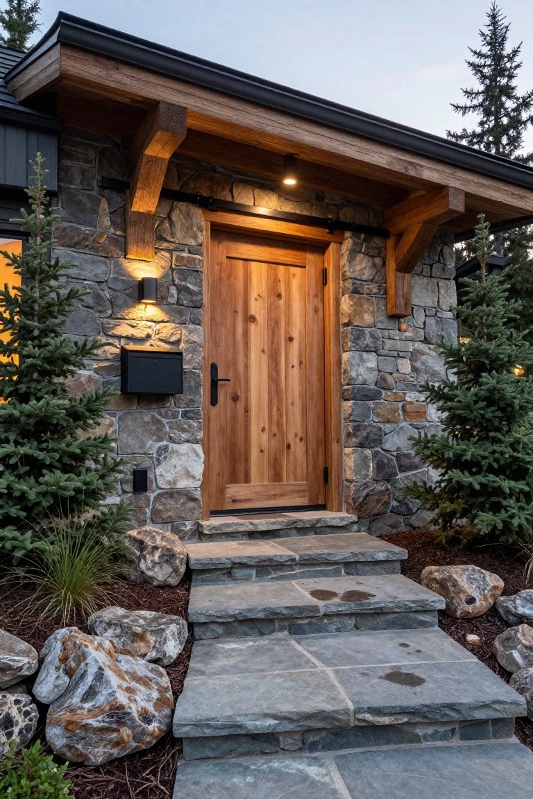 Wooden front door centered in a stone wall with timber beams overhead and stone steps in front.