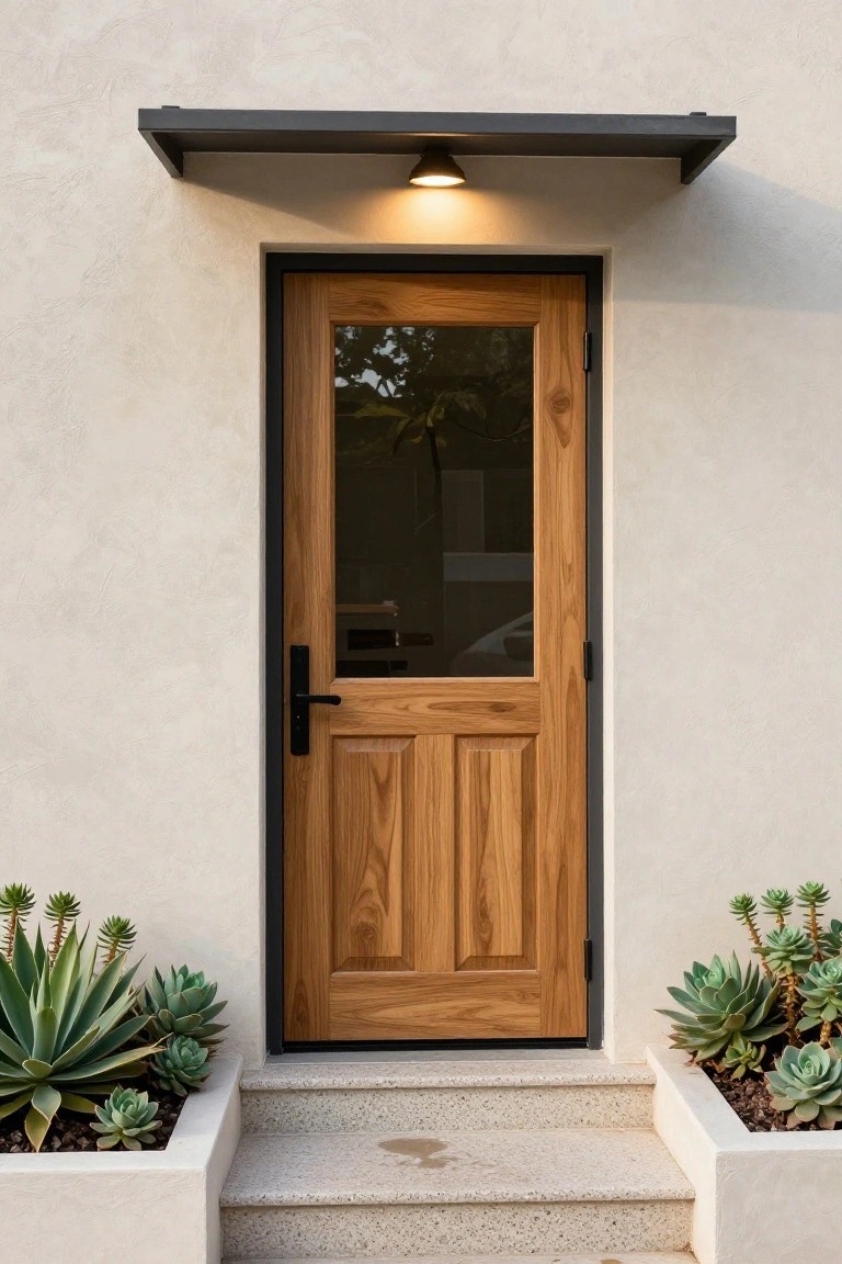 Wooden door with glass panel, black frame, overhead light, succulents beside concrete steps